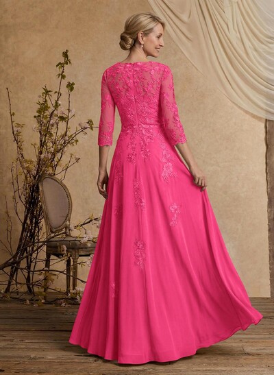 A-Line V-Neck 3/4 Sleeves Floor-Length Composite Wire Chiffon/Lace Mother Of The Bride Dresses With Lace