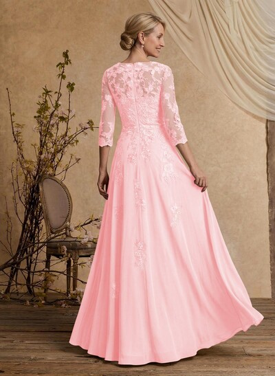 A-Line V-Neck 3/4 Sleeves Floor-Length Composite Wire Chiffon/Lace Mother Of The Bride Dresses With Lace