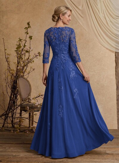 A-Line V-Neck 3/4 Sleeves Floor-Length Composite Wire Chiffon/Lace Mother Of The Bride Dresses With Lace