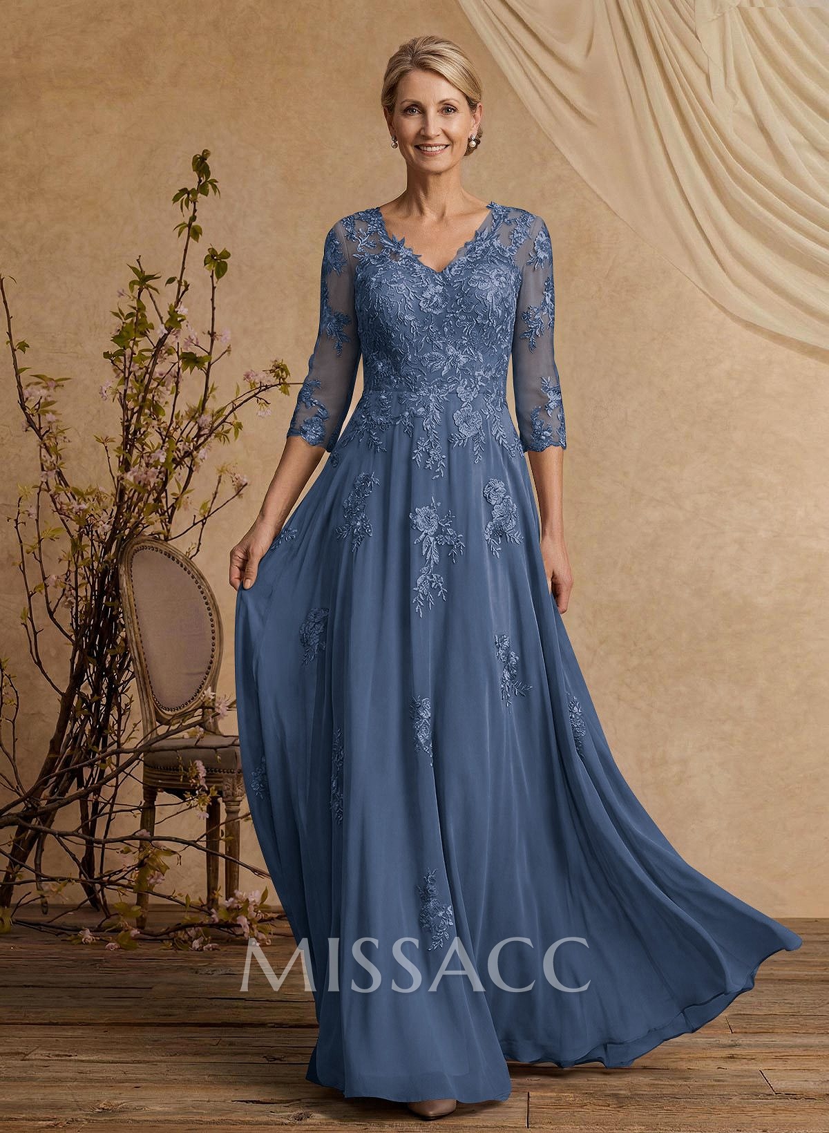 A-Line V-Neck 3/4 Sleeves Floor-Length Composite Wire Chiffon/Lace Mother Of The Bride Dresses With Lace