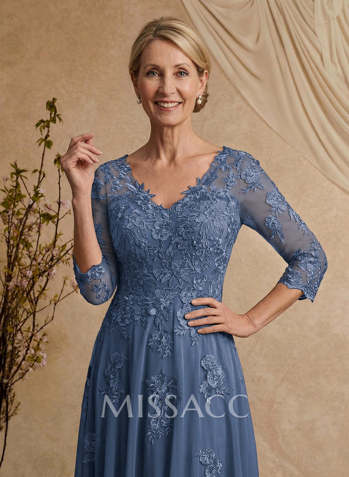 A-Line V-Neck 3/4 Sleeves Floor-Length Composite Wire Chiffon/Lace Mother Of The Bride Dresses With Lace