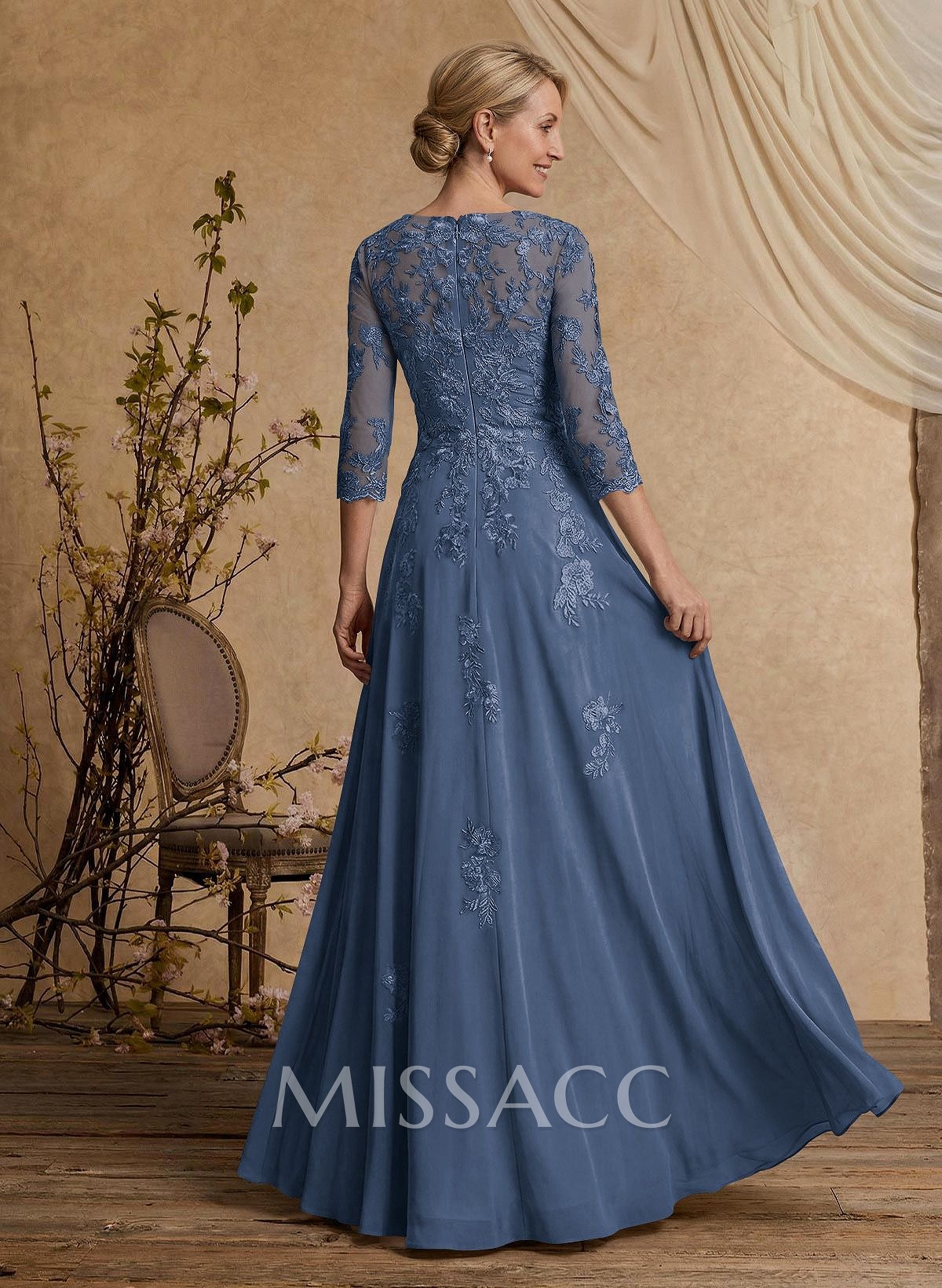 A-Line V-Neck 3/4 Sleeves Floor-Length Composite Wire Chiffon/Lace Mother Of The Bride Dresses With Lace