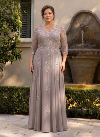 A-Line V-Neck 3/4 Sleeves Floor-Length Composite Wire Chiffon/Lace Mother Of The Bride Dresses With Lace