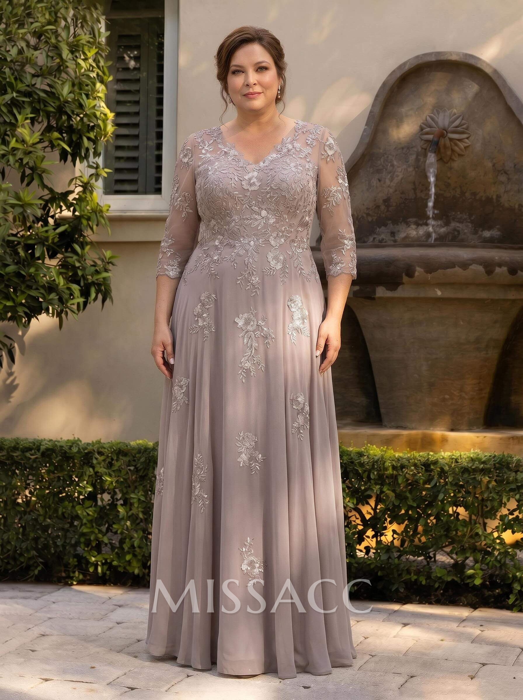 A-Line V-Neck 3/4 Sleeves Floor-Length Composite Wire Chiffon/Lace Mother Of The Bride Dresses With Lace