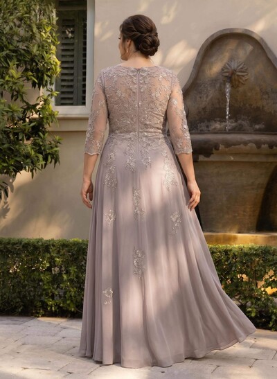 A-Line V-Neck 3/4 Sleeves Floor-Length Composite Wire Chiffon/Lace Mother Of The Bride Dresses With Lace