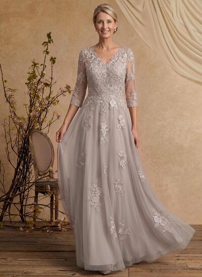 A-Line V-Neck 3/4 Sleeves Floor-Length Composite Wire Chiffon/Lace Mother Of The Bride Dresses With Lace