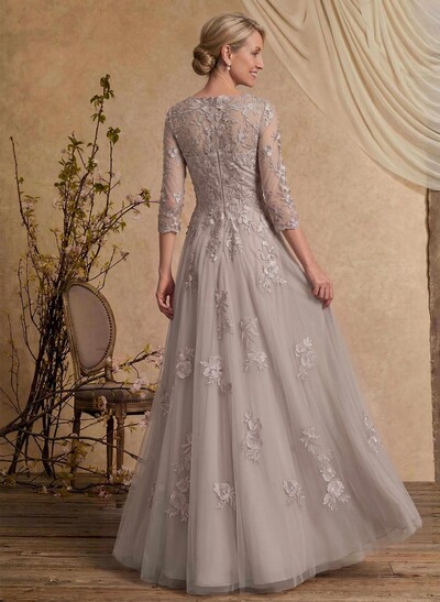 A-Line V-Neck 3/4 Sleeves Floor-Length Composite Wire Chiffon/Lace Mother Of The Bride Dresses With Lace