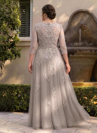A-Line V-Neck 3/4 Sleeves Floor-Length Composite Wire Chiffon/Lace Mother Of The Bride Dresses With Lace