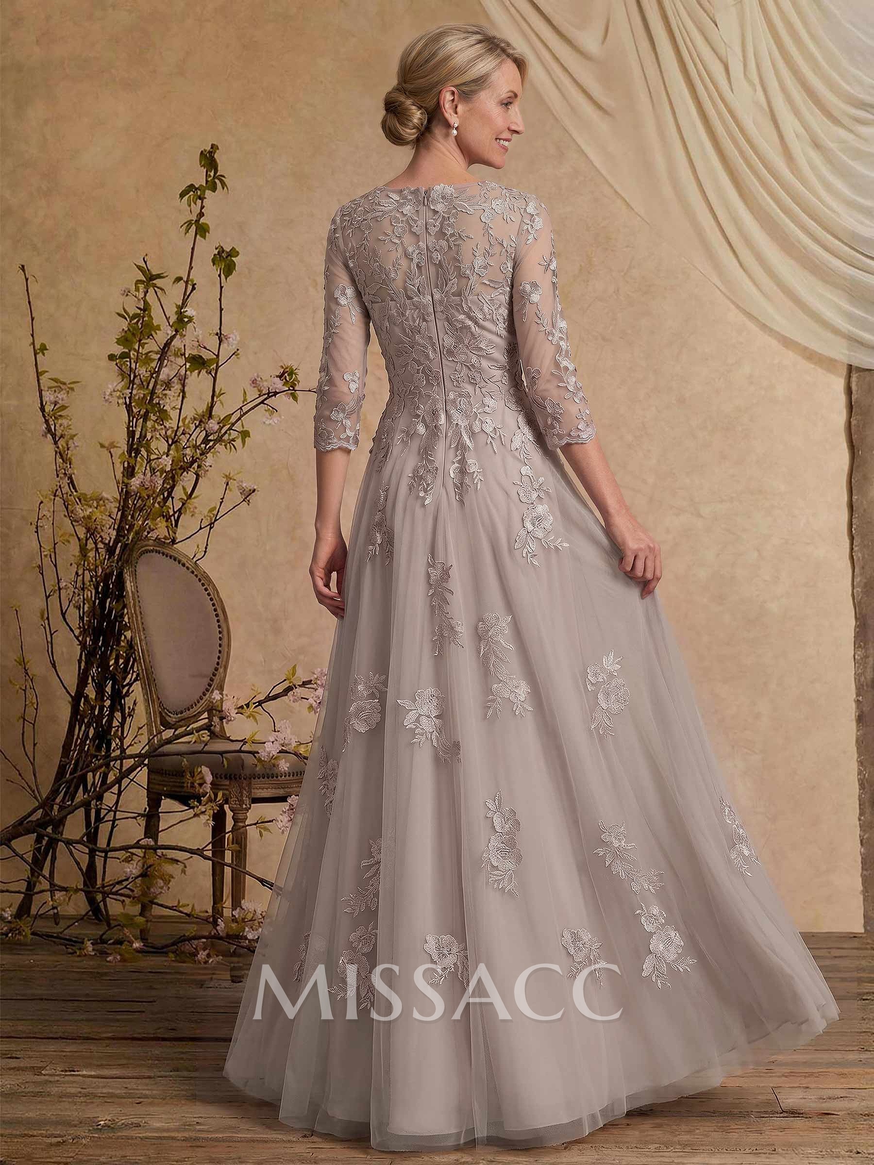 A-Line V-Neck 3/4 Sleeves Floor-Length Composite Wire Chiffon/Lace Mother Of The Bride Dresses With Lace