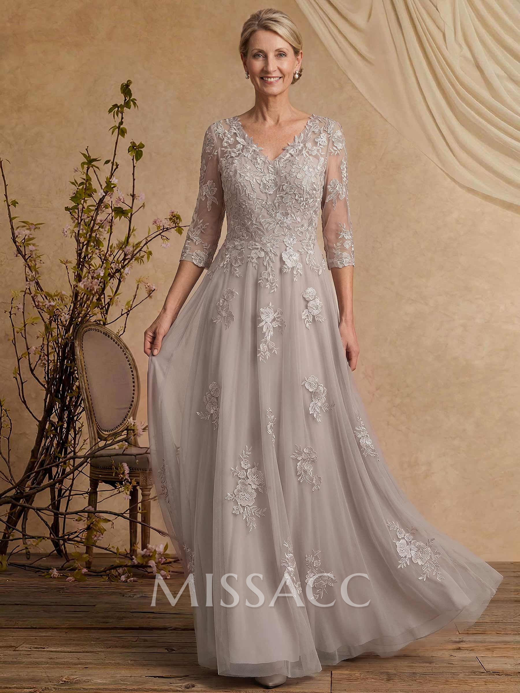 A-Line V-Neck 3/4 Sleeves Floor-Length Composite Wire Chiffon/Lace Mother Of The Bride Dresses With Lace