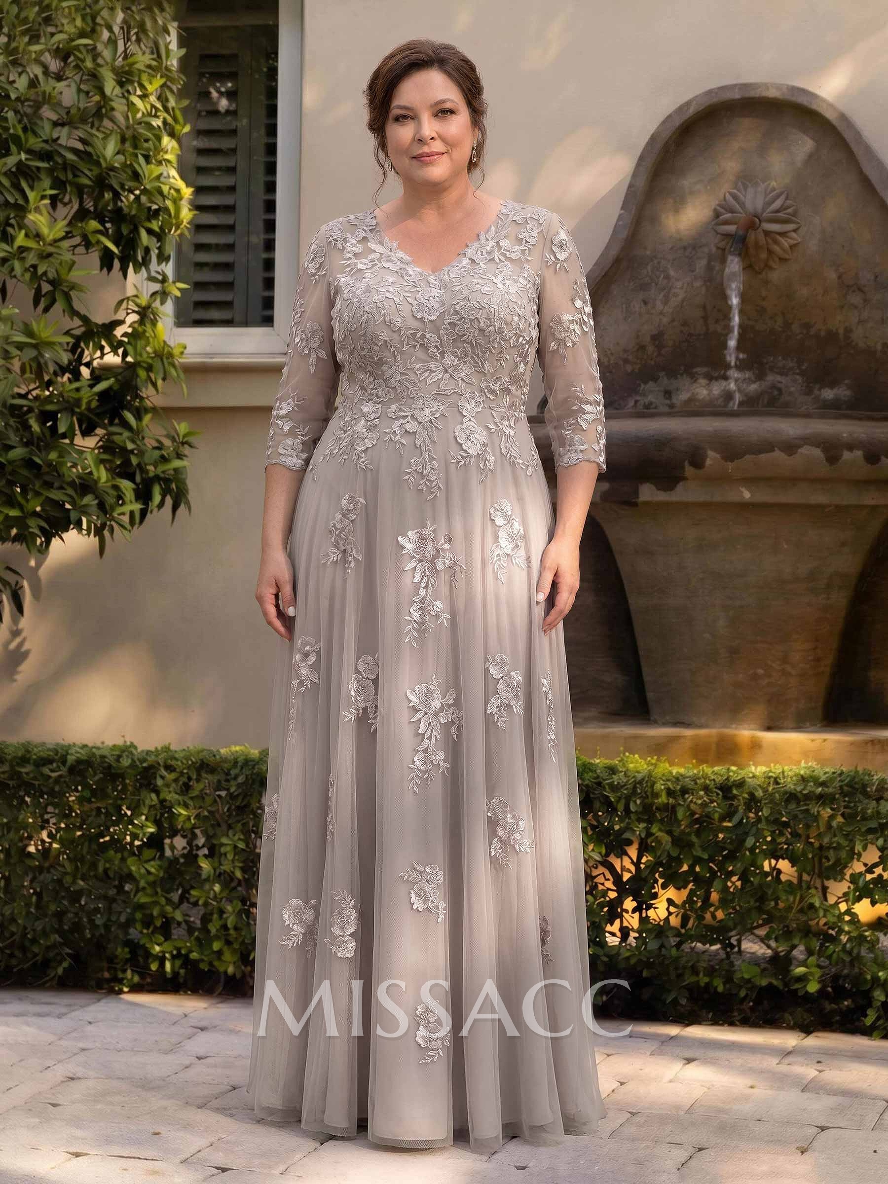 A-Line V-Neck 3/4 Sleeves Floor-Length Composite Wire Chiffon/Lace Mother Of The Bride Dresses With Lace