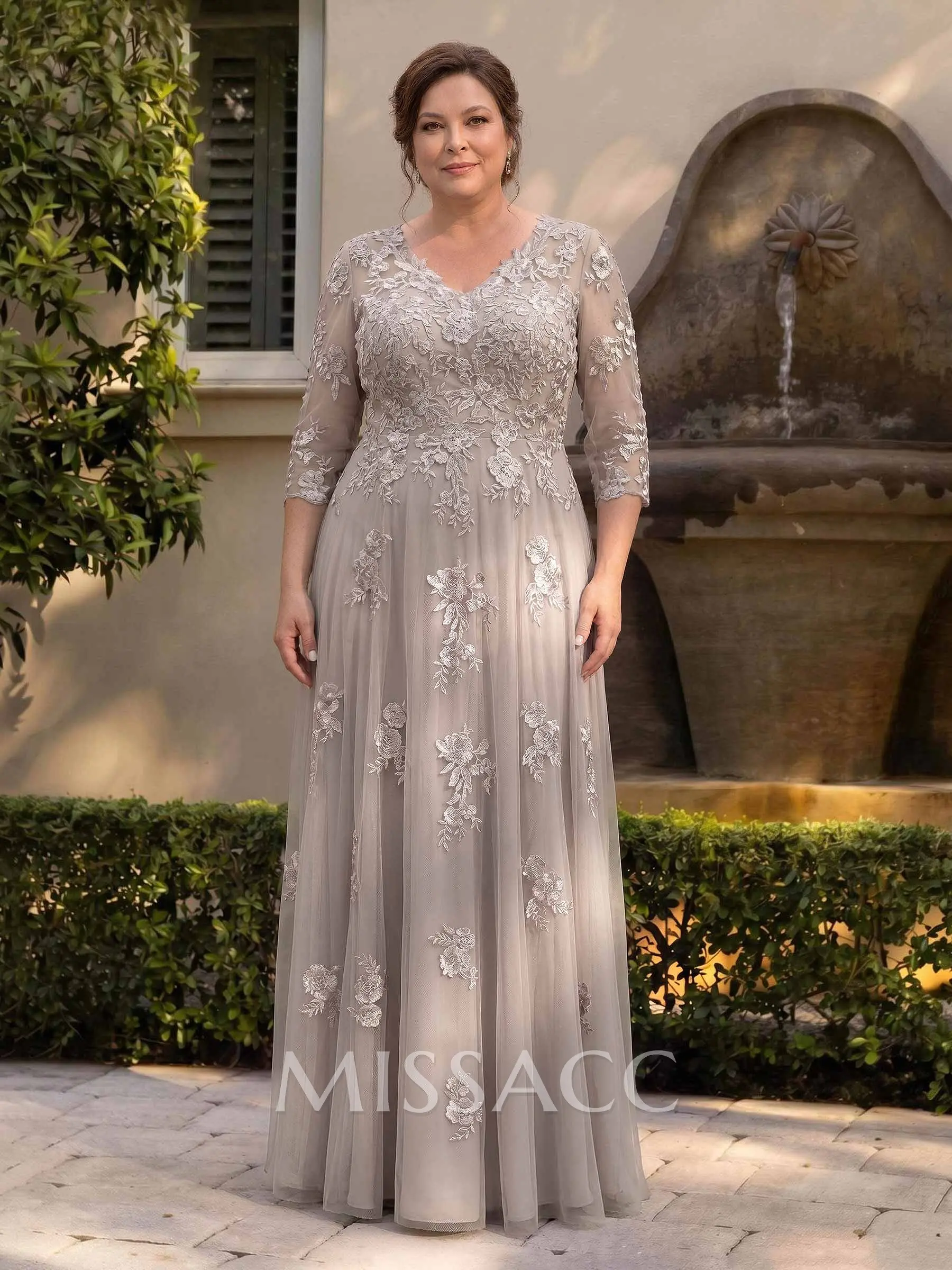 A-Line V-Neck 3/4 Sleeves Floor-Length Composite Wire Chiffon/Lace