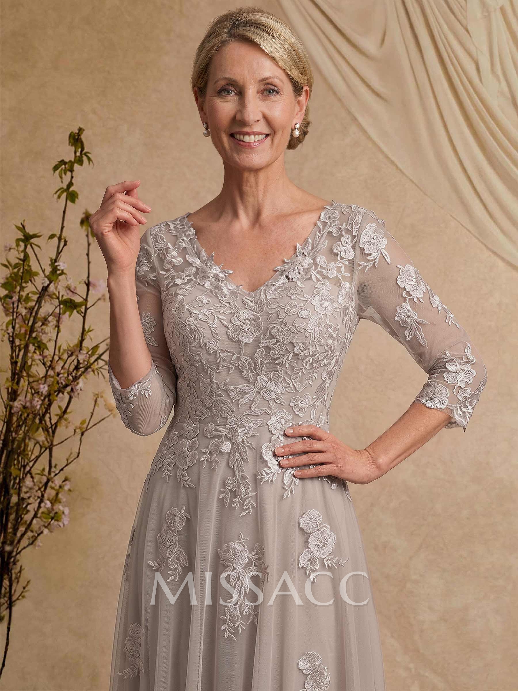 A-Line V-Neck 3/4 Sleeves Floor-Length Composite Wire Chiffon/Lace Mother Of The Bride Dresses With Lace