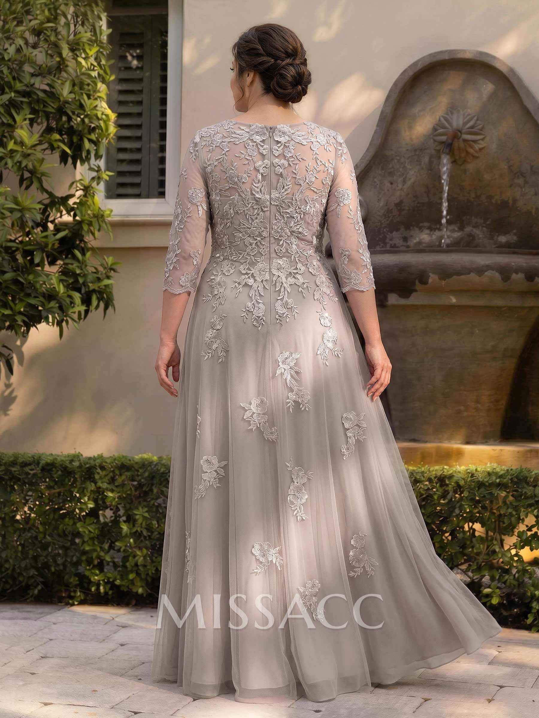 A-Line V-Neck 3/4 Sleeves Floor-Length Composite Wire Chiffon/Lace Mother Of The Bride Dresses With Lace