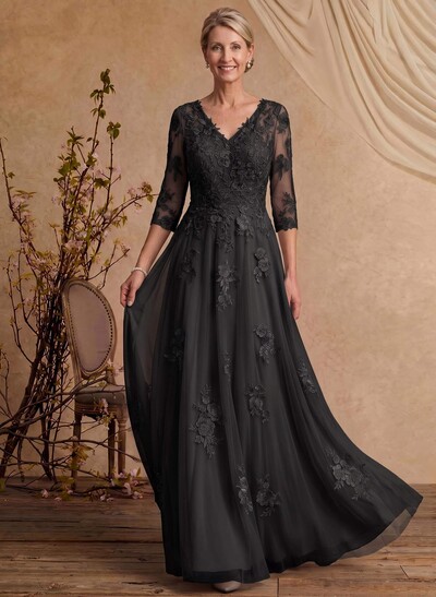 A-Line V-Neck 3/4 Sleeves Floor-Length Composite Wire Chiffon/Lace Mother Of The Bride Dresses With Lace