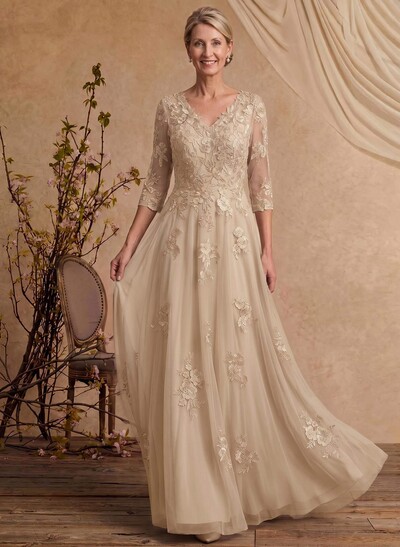 A-Line V-Neck 3/4 Sleeves Floor-Length Composite Wire Chiffon/Lace Mother Of The Bride Dresses With Lace