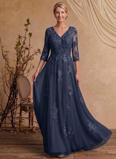 A-Line V-Neck 3/4 Sleeves Floor-Length Composite Wire Chiffon/Lace Mother Of The Bride Dresses With Lace