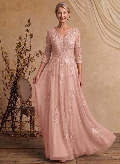 A-Line V-Neck 3/4 Sleeves Floor-Length Composite Wire Chiffon/Lace Mother Of The Bride Dresses With Lace