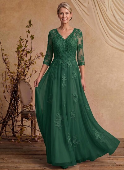 A-Line V-Neck 3/4 Sleeves Floor-Length Composite Wire Chiffon/Lace Mother Of The Bride Dresses With Lace