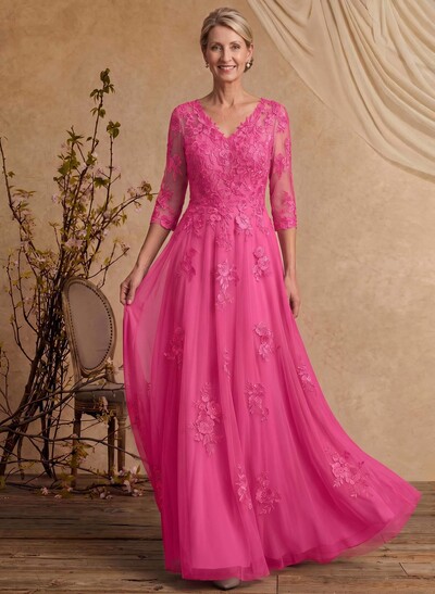 A-Line V-Neck 3/4 Sleeves Floor-Length Composite Wire Chiffon/Lace Mother Of The Bride Dresses With Lace