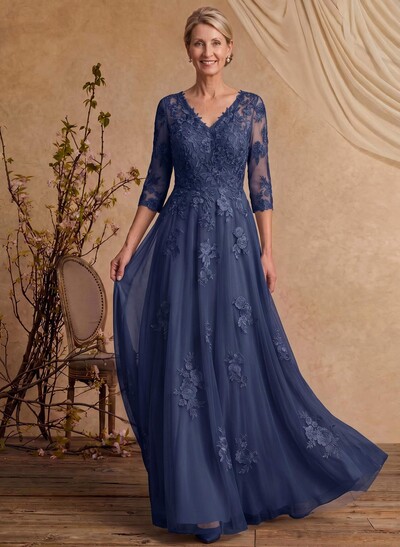 A-Line V-Neck 3/4 Sleeves Floor-Length Composite Wire Chiffon/Lace Mother Of The Bride Dresses With Lace