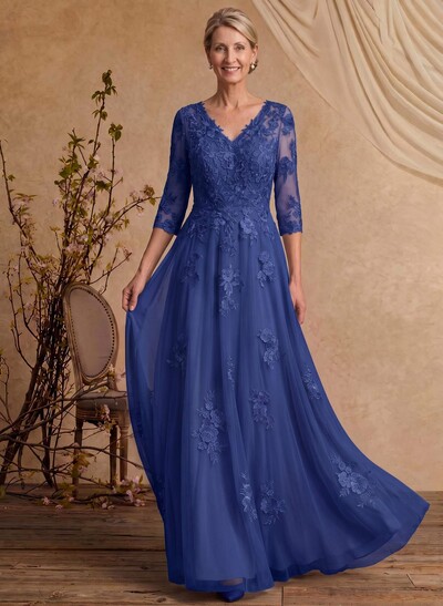 A-Line V-Neck 3/4 Sleeves Floor-Length Composite Wire Chiffon/Lace Mother Of The Bride Dresses With Lace