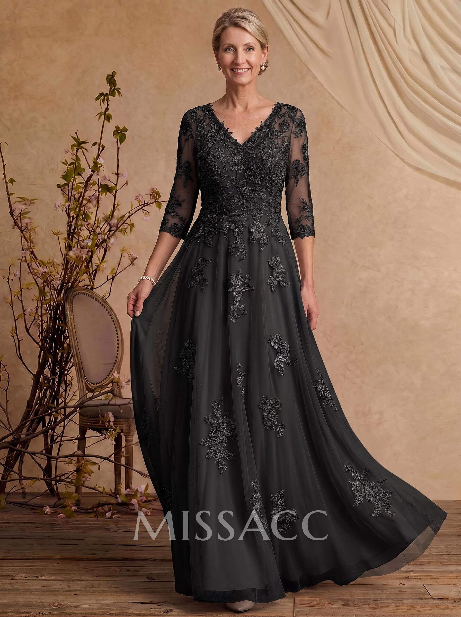 A-Line V-Neck 3/4 Sleeves Floor-Length Composite Wire Chiffon/Lace Mother Of The Bride Dresses With Lace