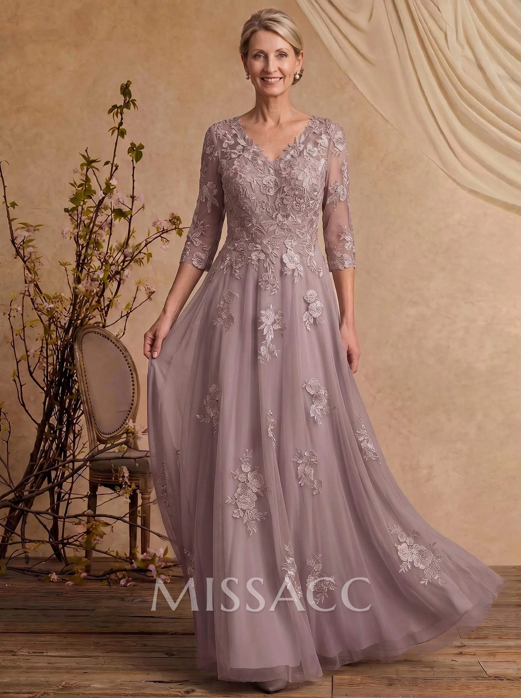 A-Line V-Neck 3/4 Sleeves Floor-Length Composite Wire Chiffon/Lace