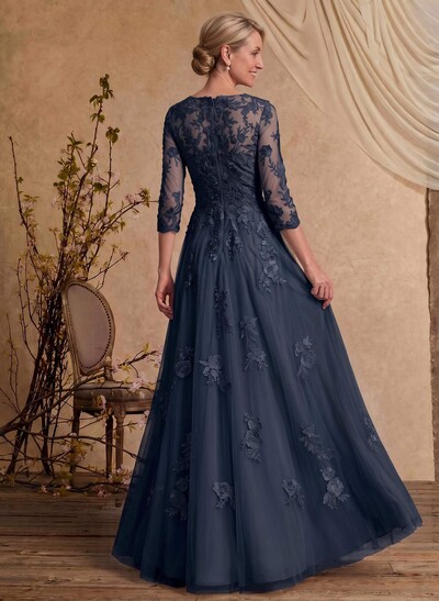 A-Line V-Neck 3/4 Sleeves Floor-Length Composite Wire Chiffon/Lace Mother Of The Bride Dresses With Lace