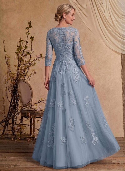 A-Line V-Neck 3/4 Sleeves Floor-Length Composite Wire Chiffon/Lace Mother Of The Bride Dresses With Lace