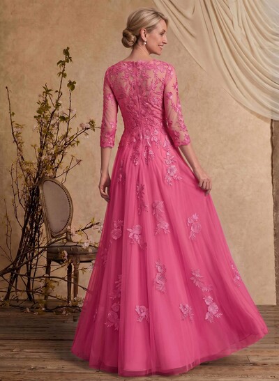 A-Line V-Neck 3/4 Sleeves Floor-Length Composite Wire Chiffon/Lace Mother Of The Bride Dresses With Lace