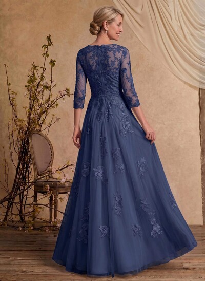 A-Line V-Neck 3/4 Sleeves Floor-Length Composite Wire Chiffon/Lace Mother Of The Bride Dresses With Lace