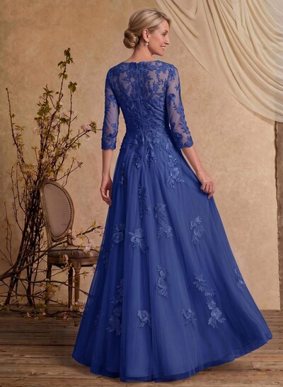 A-Line V-Neck 3/4 Sleeves Floor-Length Composite Wire Chiffon/Lace Mother Of The Bride Dresses With Lace