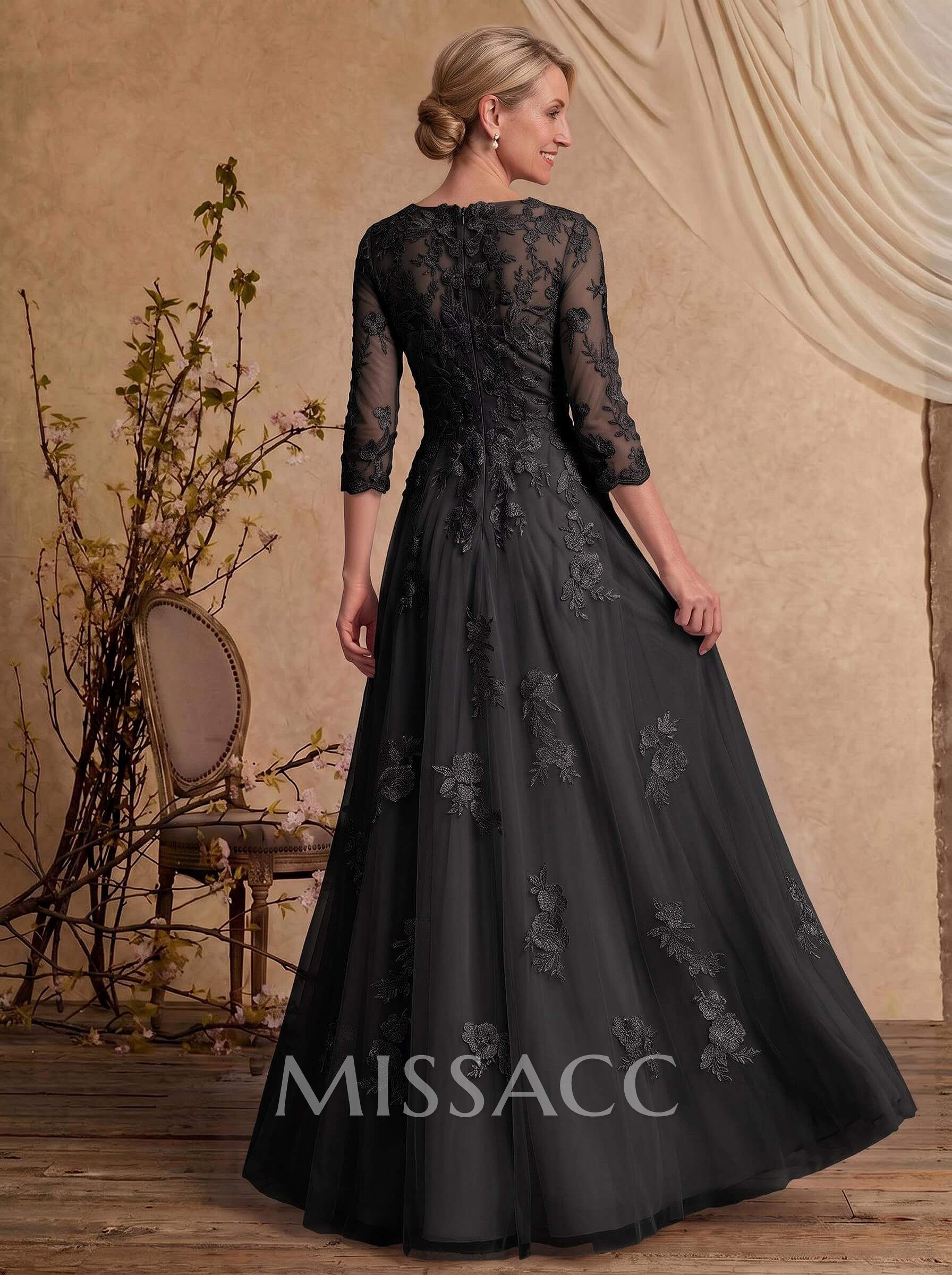 A-Line V-Neck 3/4 Sleeves Floor-Length Composite Wire Chiffon/Lace Mother Of The Bride Dresses With Lace