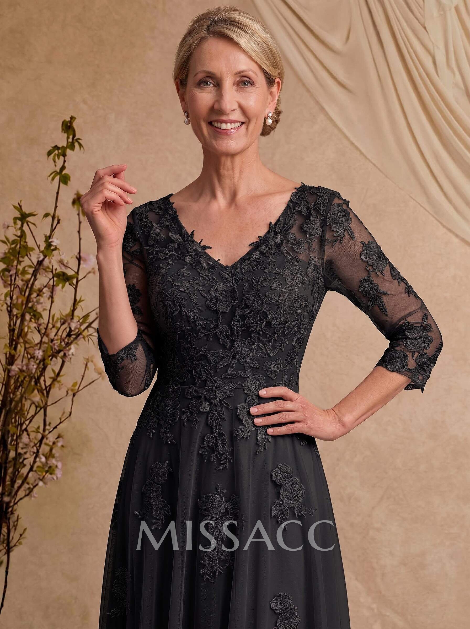 A-Line V-Neck 3/4 Sleeves Floor-Length Composite Wire Chiffon/Lace Mother Of The Bride Dresses With Lace