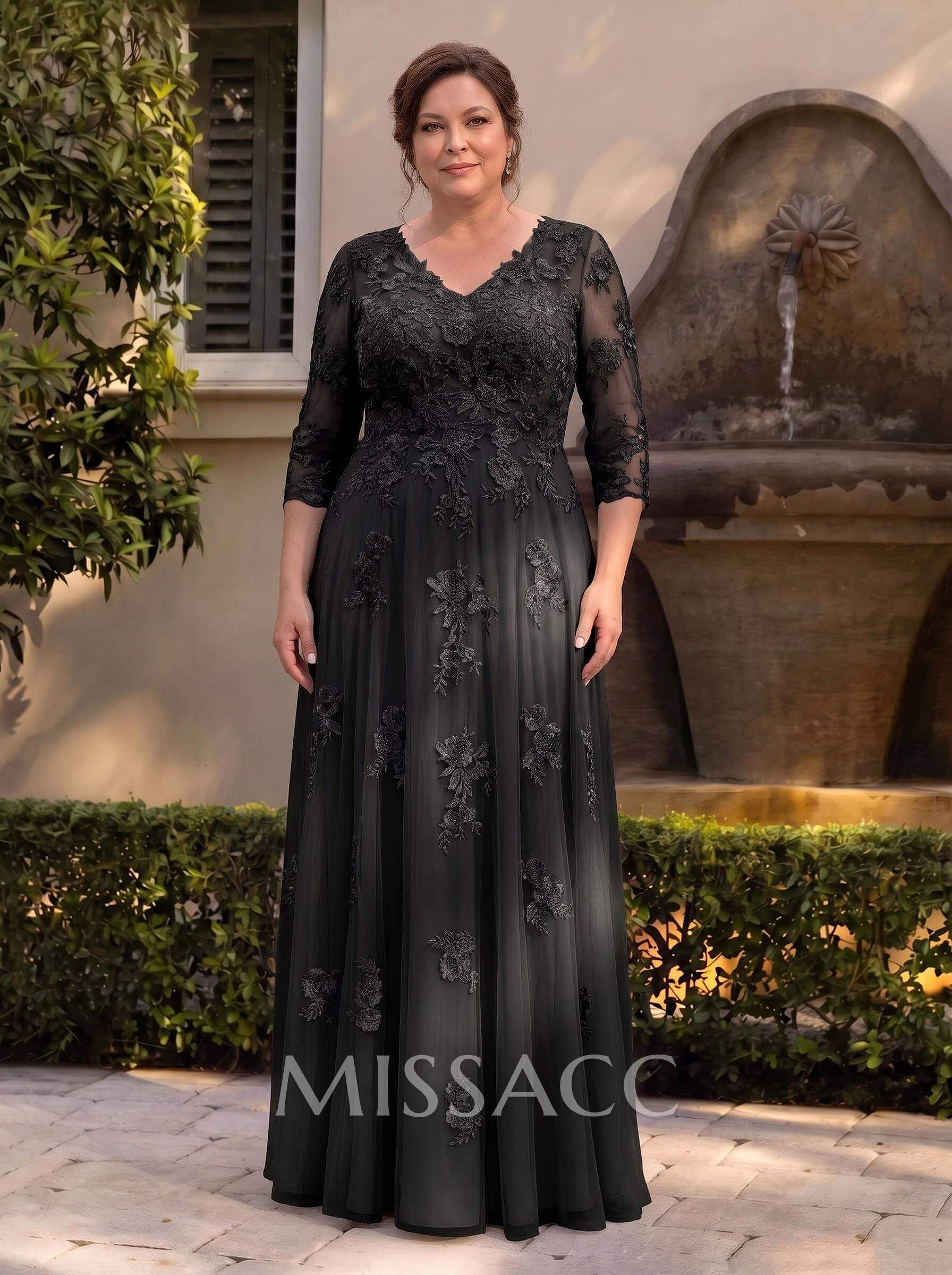 A-Line V-Neck 3/4 Sleeves Floor-Length Composite Wire Chiffon/Lace Mother Of The Bride Dresses With Lace