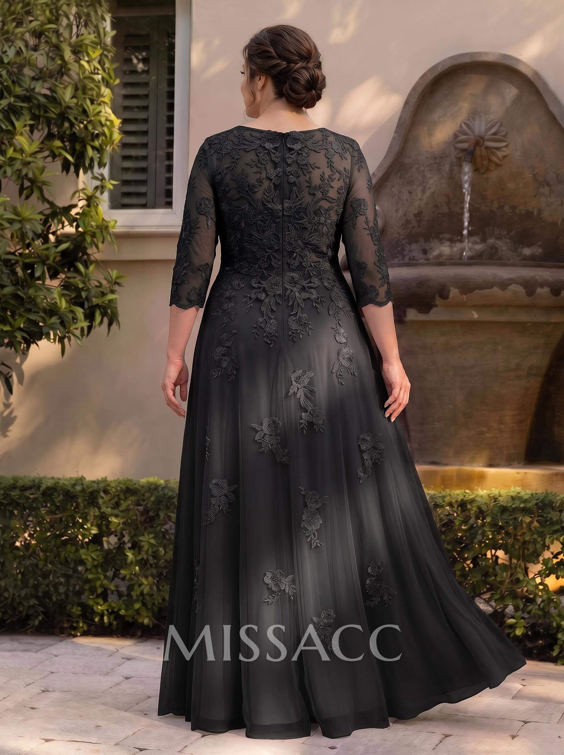 A-Line V-Neck 3/4 Sleeves Floor-Length Composite Wire Chiffon/Lace Mother Of The Bride Dresses With Lace