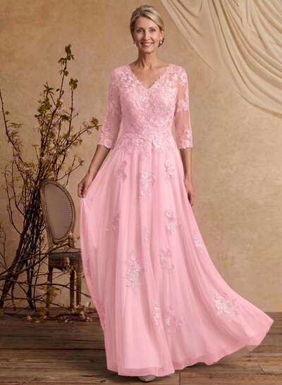 A-Line V-Neck 3/4 Sleeves Floor-Length Composite Wire Chiffon/Lace Mother Of The Bride Dresses With Lace