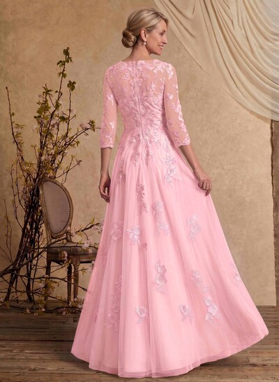 A-Line V-Neck 3/4 Sleeves Floor-Length Composite Wire Chiffon/Lace Mother Of The Bride Dresses With Lace