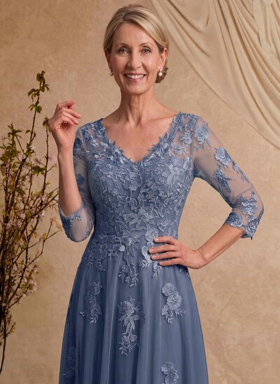 A-Line V-Neck 3/4 Sleeves Floor-Length Composite Wire Chiffon/Lace Mother Of The Bride Dresses With Lace