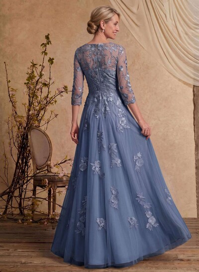 A-Line V-Neck 3/4 Sleeves Floor-Length Composite Wire Chiffon/Lace Mother Of The Bride Dresses With Lace