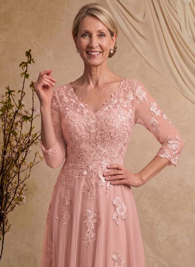 A-Line V-Neck 3/4 Sleeves Floor-Length Composite Wire Chiffon/Lace Mother Of The Bride Dresses With Lace