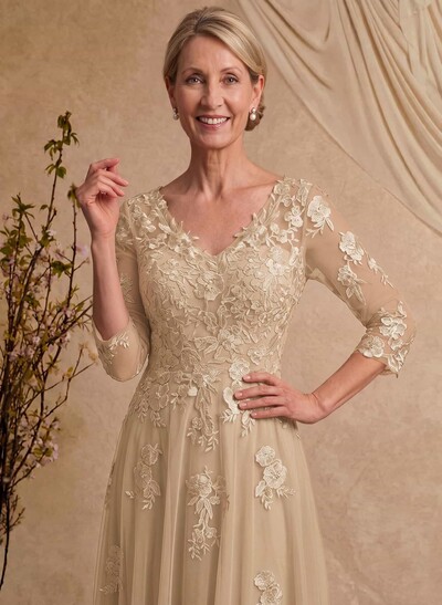 A-Line V-Neck 3/4 Sleeves Floor-Length Composite Wire Chiffon/Lace Mother Of The Bride Dresses With Lace
