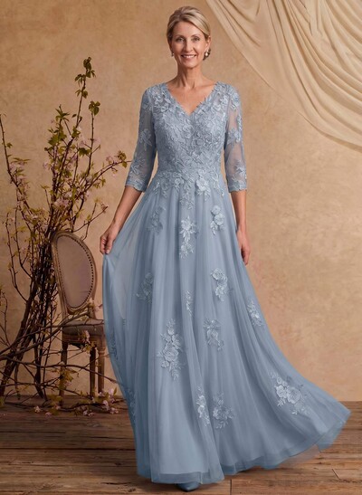 A-Line V-Neck 3/4 Sleeves Floor-Length Composite Wire Chiffon/Lace Mother Of The Bride Dresses With Lace