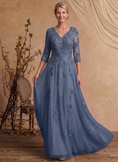 A-Line V-Neck 3/4 Sleeves Floor-Length Composite Wire Chiffon/Lace Mother Of The Bride Dresses With Lace