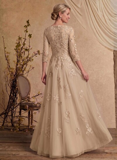 A-Line V-Neck 3/4 Sleeves Floor-Length Composite Wire Chiffon/Lace Mother Of The Bride Dresses With Lace