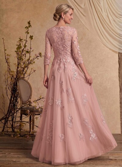 A-Line V-Neck 3/4 Sleeves Floor-Length Composite Wire Chiffon/Lace Mother Of The Bride Dresses With Lace