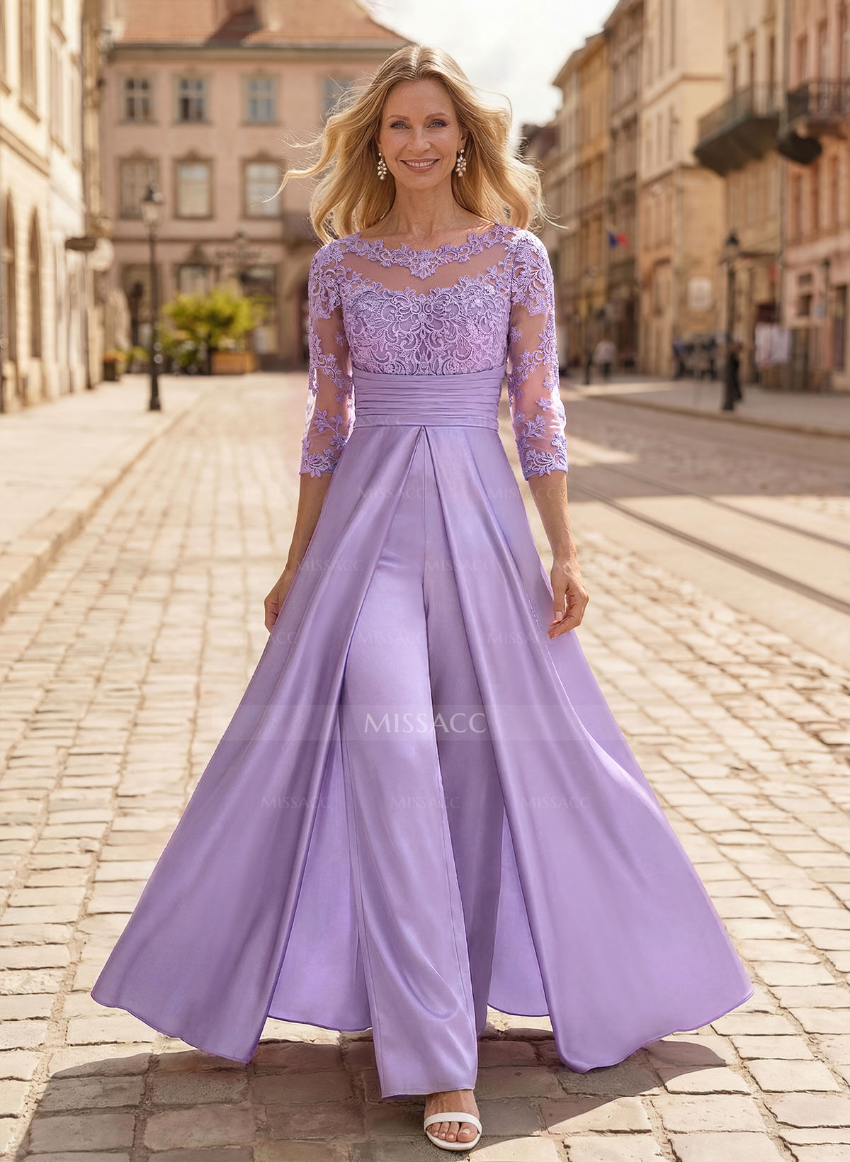 Jumpsuit/Pantsuit Scoop Neck 3/4 Sleeves Floor-Length Crepe Satin Mother Of The Bride Dresses With Lace/Overskirt Dress