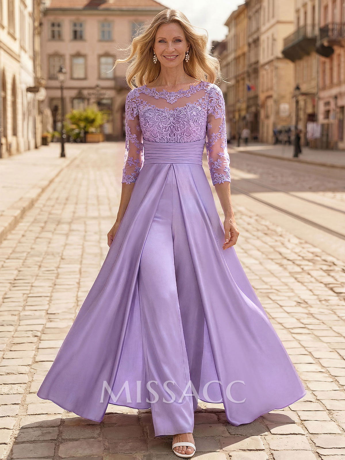 Jumpsuit/Pantsuit Scoop Neck 3/4 Sleeves Floor-Length Crepe Satin Mother Of The Bride Dresses With Lace/Overskirt Dress