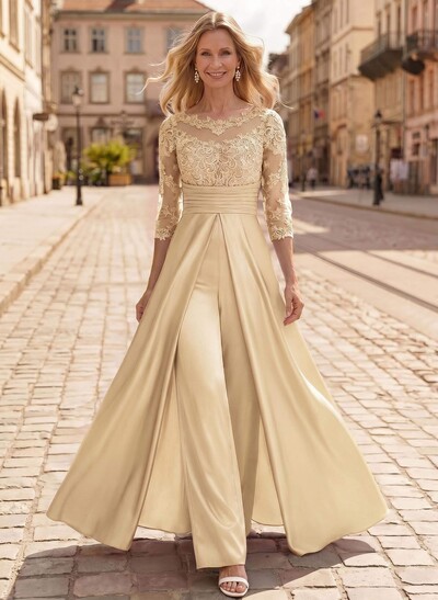 Jumpsuit/Pantsuit Scoop Neck 3/4 Sleeves Floor-Length Crepe Satin Mother Of The Bride Dresses With Lace/Overskirt Dress